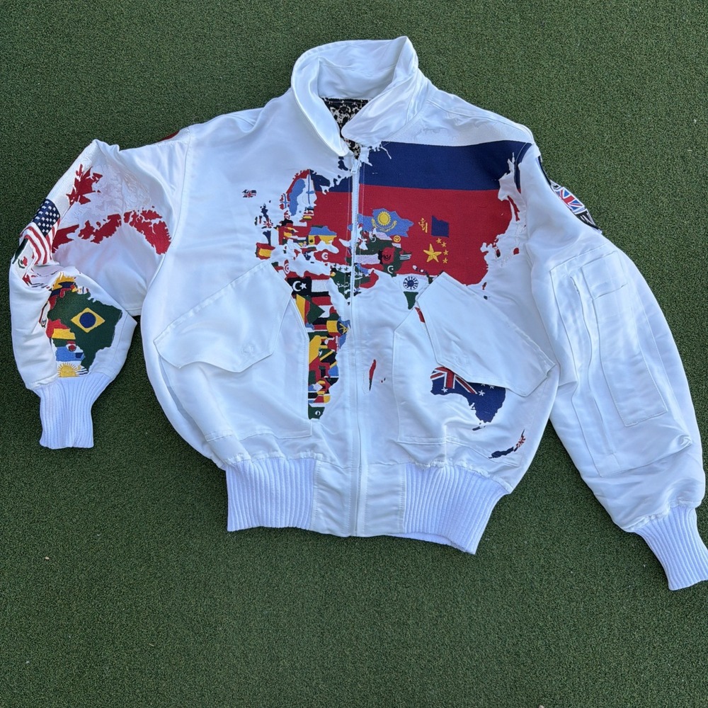 POAN People Of All Nations Hero World Map Bomber Jacket Multi Men Ivory IV M